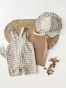 SHEIN Baby Boy Regular T-Shirt, Suspender Snap Crotch Plaid Romper Set With Plaid Hat - Coffee Brown - View 2