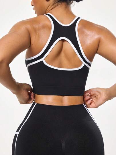 Seamluxe SHEIN Sport Sujetador deportivo sin costuras de doble capa/Contraste de color con ribete blanco/Camiseta de tirantes con espalda cruzada/Sexy espalda descubierta/Fitness/Correr al aire libre/Elegante y versátil