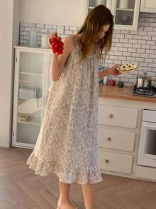 DAZY 少女夏季兔子与花卉印花撞色蕾丝荷叶边宽松吊带睡裙 - 杏色 - 查看 5