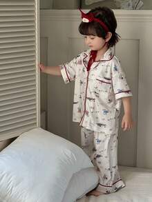 DAZY 男童柔软舒适全印花纽扣衬衫和裤子睡衣套装 - 白色 - 查看 5