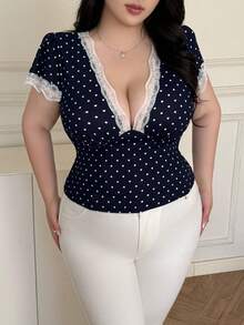 Vibekara Top élégant grande taille, de vacances, de sortie, doux et épicé, col V à pois, avec garniture en dentelle et manches bouffantes ajustées. Top ajusté décontracté d'été pour femmes - Multicolore - Voir 5