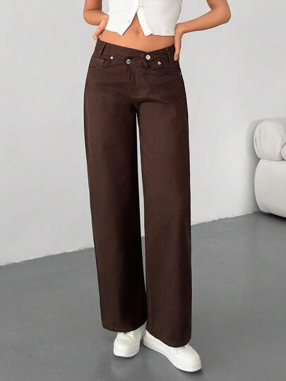 EURMUSE Mid Waist Asymmetric Belt Wideleg Jean Cowboy Pants For Women Brown Pants Western Pants Pants Wide Leg