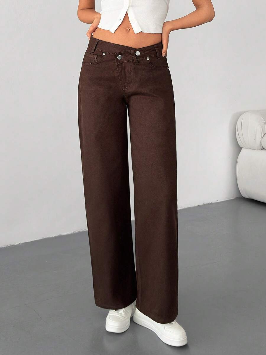 EURMUSE Mid Waist Asymmetric Belt Wideleg Jean Cowboy Pants For Women Brown Pants Western Pants Pants Wide Leg - Brown - View 1