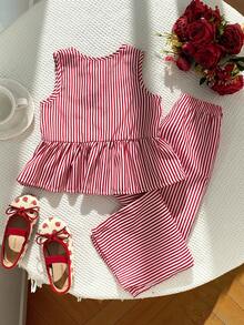 Genkimix Kids 2件套女童（小号）红白条纹无袖纽扣上衣配蝴蝶结和直筒裤，时尚休闲夏季少女套装 - 紅色 - 查看 2