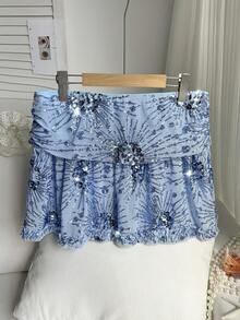 Comfortcana Plus Size Women Sequin Decor Ruffle Hem Fashionable A-Line Skirt Valentine's Day - Blue - View 2