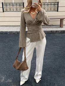 Siren Gaze Brown Knitted Wrap Deep V Neck Asymmetrical Hem Extra-Long Sleeve T-Shirt For Women Casual Style Wrap Tops For Women Deep V Neck Top Khaki Top Coffee Brown Top Brown Long Sleeve Top - Brown - View 3