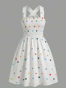 SHEIN Tween Girls White Heart Print Camisole Waist A-Line Bowknot Backless Casual Vacation Dress - Red and White - View 2