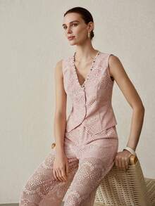 MOTF PREMIUM FASHIONABLE & ELEGANT CUSTOM-MADE SLEEVELESS VEST, LIGHTWEIGHT LUXURY LACE BEADED TRIM V-NECK FITTED VEST, SPRING/SUMMER - Pink - View 7