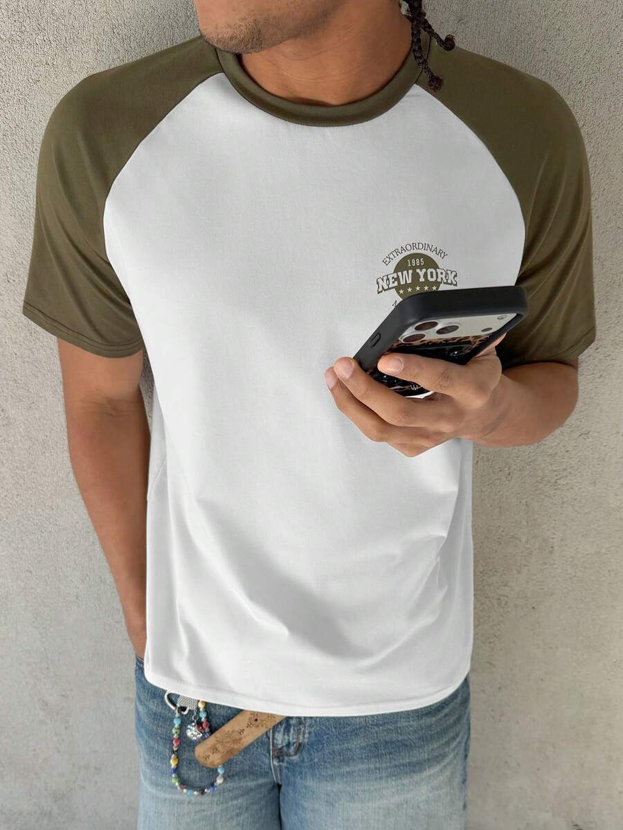 Claim Dot 标准尺寸男士橄榄绿和白色插肩袖T恤男士拼色T恤纽约图案T恤 - 彩色 - 查看 1