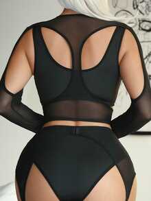 Classic Fashionable Punk Semi-Sheer Milk Silk Cropped Camisole Top + Thong Panty + Hollow-Out Long Sleeve Mesh Blouse + Garter Belt + 2pcs Leg Garters, 6pcs Sexy Lingerie Set For Women - Black - View 2