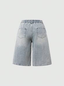 SHEIN Tween Girls' Casual Daily Urban Street Preppy Light Wash Gothic Dark Cross Print Denim Bermuda Shorts, Elastic Waist, Button Closure - Blue - View 4