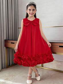 Tween Girls' Elegant Floral Ruffle Hem Sleeveless Dress With 3D Bow Decor - Red - View 2