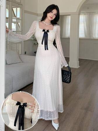 Feyla ชุดเดรสทำงานผู้หญิงหรูหรา ประดับโบว์และลูกไม้