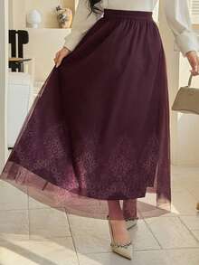 Dazy-Less 宽松休闲网纱半身裙，适合春夏、情人节、办公室商务休闲场合穿着，女士 - 酒紅色 - 查看 4