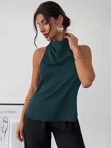 Firerie Xuân/Hè Mới Thanh lịch Thường ngày Cổ điển Hiện đại Cổ áo không đều Không tay Halter Không lưng Nơ Trang trí Áo cánh đen bó sát đi làm - Màu xanh ngọc - Xem 7