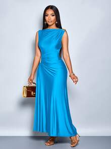 SOLERSUN 女士优雅纯色金属装饰修身秋冬连衣裙，适合日常通勤、购物、派对、聚会等场合。 - 藍色 - 查看 5