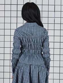 COUREZ Long Sleeve Shirred Check Shirt /Y2K Spring Cute Going Out Shirts Party Top Back To School Date Night Valentines Day - Blue - View 3