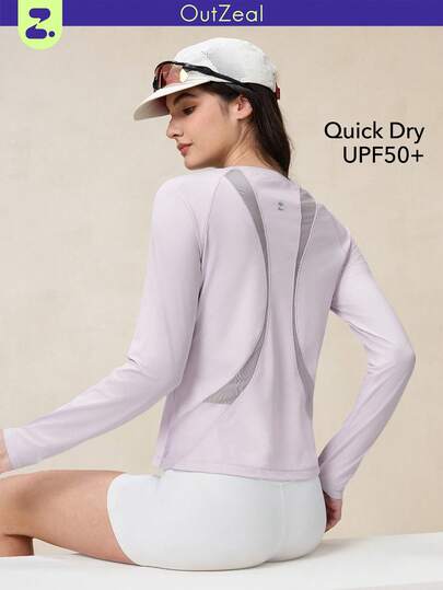 OutZeal Women Outdoor Tee Workout Gym Wear Long Sleeve Quick-Dry Breathable Mesh Slim-Fit Round Neck Top