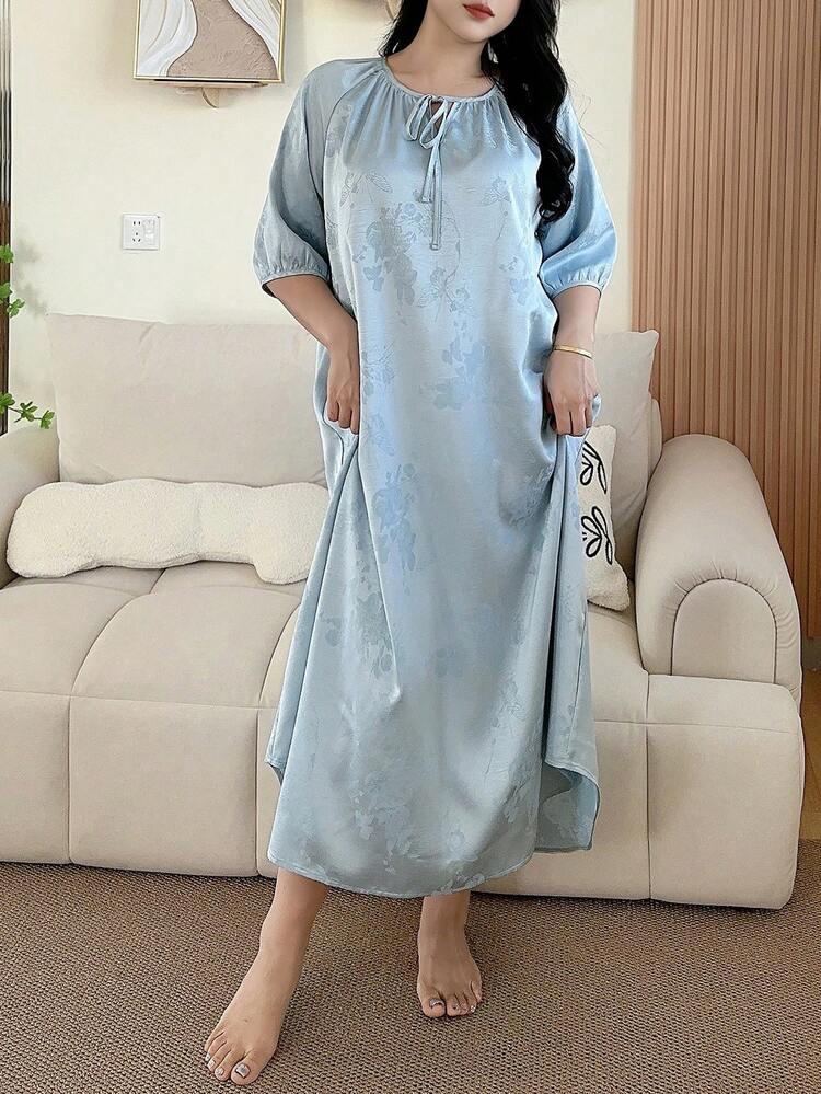 Dazy Plus Lace-Up Floral Print Elegant Long Nightgown, Plus Size Sleepwear For Spring/Summer