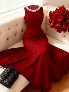 Franclia 女士酒红色珍珠装饰修身A字无袖连衣裙，休闲百搭，适合约会、派对、通勤、春夏穿着，也适合情人节、下午茶等场合。 - 酒紅色 - 查看 1