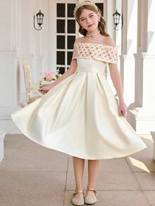 SHEIN Tween Girl Fashionable Elegant One-Shoulder Floral Sequin Dress - Apricot - View 4