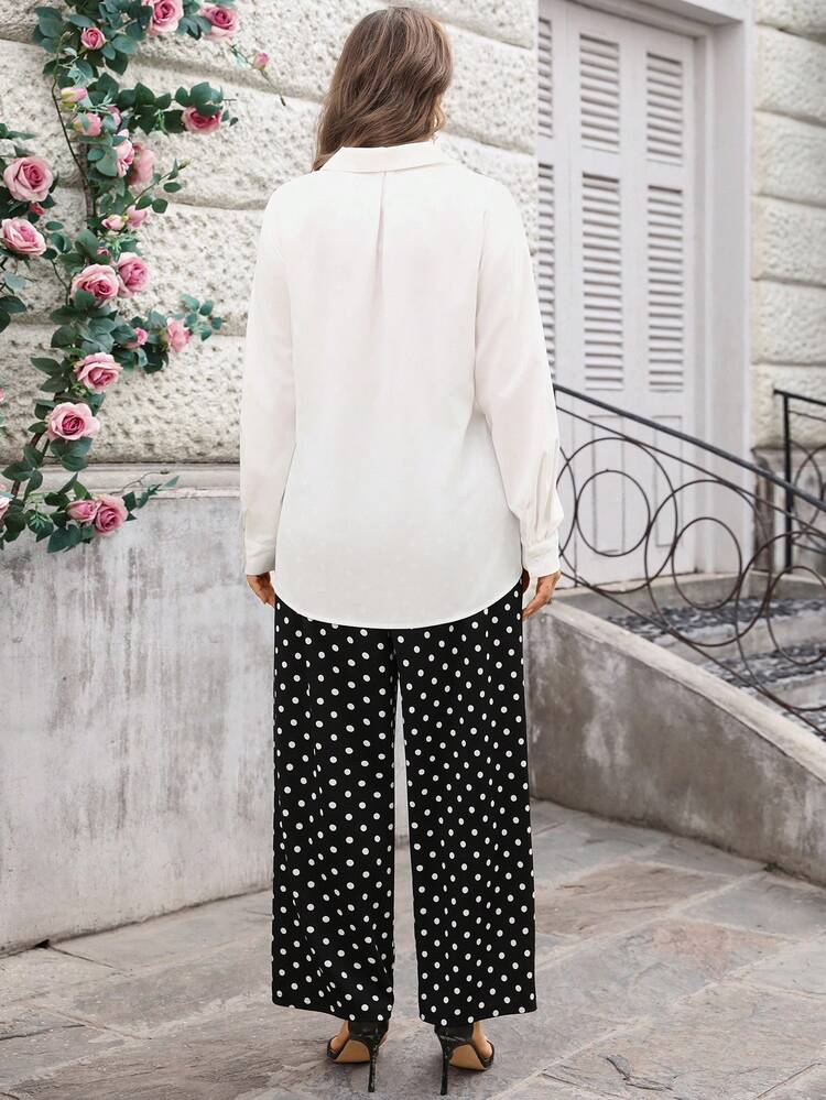 Plus Size Front Button Tie Long Sleeve Top And Polka Dot Print Pants Elegant 2 Piece Set For Summer/ Vacation Ladies Casual Sets Blouse And Pants Set Summer Outfit For Women Beach Outfit Holiday Outfits Polka Dot Outfit Summer Outfits