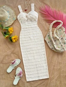 SHEIN Teen Girl Summer Casual Elegant Vacation Jacquard Twist Front Fitted Camisole Dress - Apricot - View 3