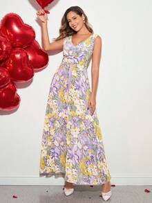 Amorya Bộ jumpsuit ống rộng bằng chiffon màu tím thanh lịch, cổ chữ V, xếp ly eo, đính ngọc trai, thích hợp làm trang phục dự tiệc cưới. - Nhiều màu - Xem 8