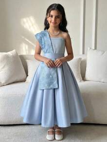 SHEIN Tween-Mädchen Jacquard Satin Druckkleid mit Schalkragen, tailliertes Prinzessinnenkleid für Mittelöstliche Feste, Partys, elegante Alltagskleidung - Blau - Übersicht 1