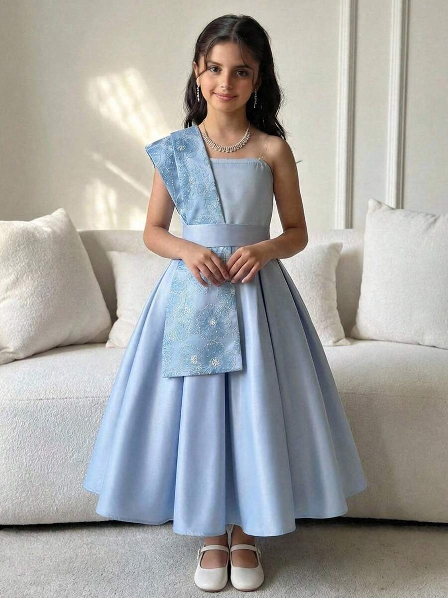 SHEIN Tween-Mädchen Jacquard Satin Druckkleid mit Schalkragen, tailliertes Prinzessinnenkleid für Mittelöstliche Feste, Partys, elegante Alltagskleidung - Blau - Übersicht 1