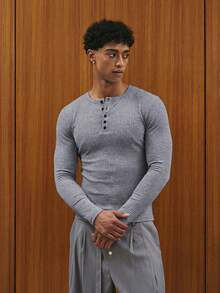 TOKVUE 男士休闲罗纹针织亨利领长袖T恤，纯色，适合日常通勤，春秋季百搭 - 灰色 - 查看 3