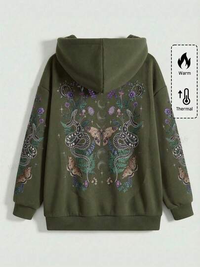 ROMWE Gothic Y2K Bindweed, Butterfly, Coiled Snake, Thorn Tree Plus Size Black Zip-Up Sweatshirt Jacket, Autumn/Winter Women Plus Size Black Sweatshirt Jacket, Christmas Holiday Casual Women Sweatshirt Jacket