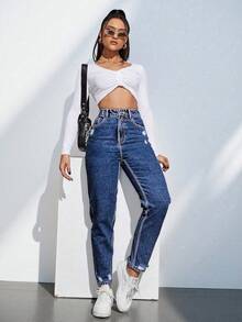 EMERY ROSE Quần dài denim màu trơn thời trang dành cho nữ - Rửa tối - Xem 3