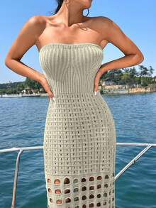 EURMUSE Women's Strapless Waist Cinched Ombre Hollow Out Cover Up Dress - Cream - View 7