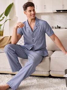 SHEIN Navy Blue Striped Print Lapel Casual Men's Pajama Set - Navy Blue - View 5