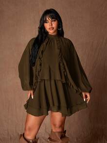 Rustia 大码棕色长袖荷叶边腰身修身多层荷叶边下摆短连衣裙，修身显瘦 - 棕色 - 查看 6