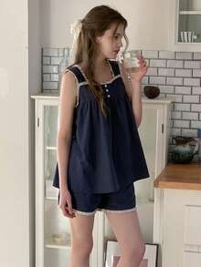 DAZY 少女极简无袖春季家居服 - 藏蓝色 - 查看 6