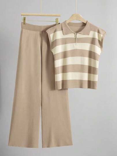 EMERY ROSE Spring/Summer Fashion Casual Resort Beachwear Versatile Everyday Plus Size Women's Collared Striped Knit Sleeveless Top With Zipper Half-Front Placket Solid Color Knit Trousers Women's Beach Resort Set Two Pieces