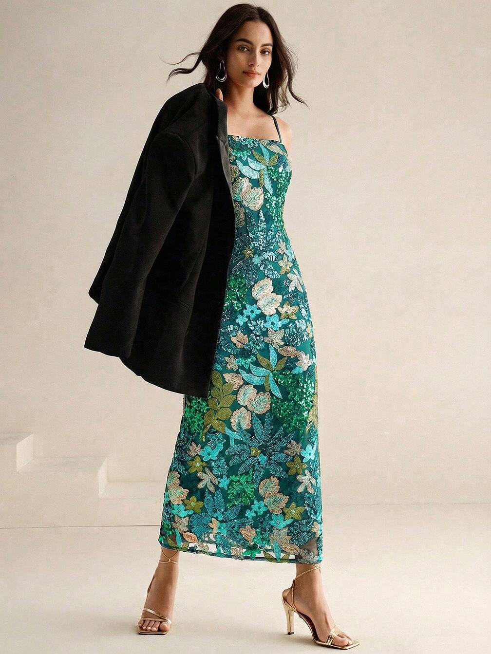 elegant affair beaded maxi dress Anewsta Lady Teal Printed Mid-Length Strapless Women Outfit Formal Autumn｜Motf Beaded formal dress