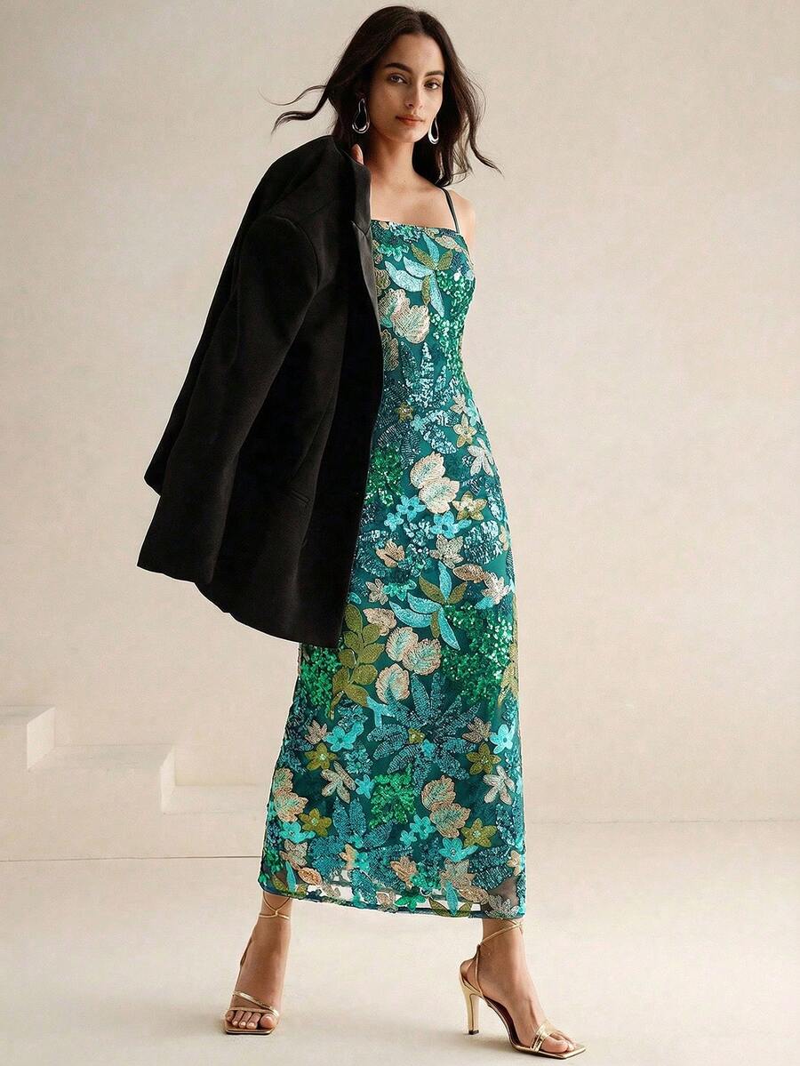 Anewsta Vestido maxi elegante de mujer con estampado colorido y cuentas, sin tirantes, de longitud media - Verde - Ver 1