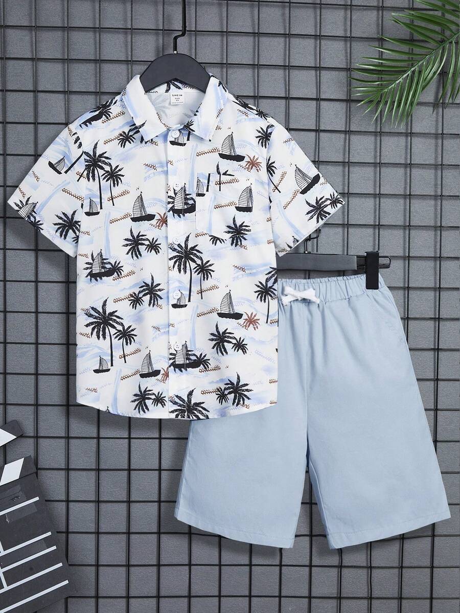 SHEIN 2pcs/Set Boys' Casual Contrast Color Outfit - Baby Blue - View 1