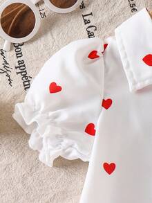 2pcs Baby Girls Casual Outfit: White Puff Sleeve Shirt With Red Heart Print, And Red Straight Leg Pants, Fashion Set - White - View 4