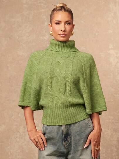 Lumalex Women's High Neck Short Sleeve Cinched Waist Batwing Sleeve Poncho Sweater With Cable Knit Texture