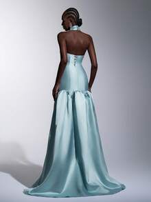 Elitara 优雅浪漫时尚的蓝色缎面高领露背吊带可调节系带荷叶边下摆正式派对礼服、婚礼宾客礼服、蓝色长裙、时尚优雅伴娘礼服、正式晚礼服 - 霧霾藍 - 查看 2