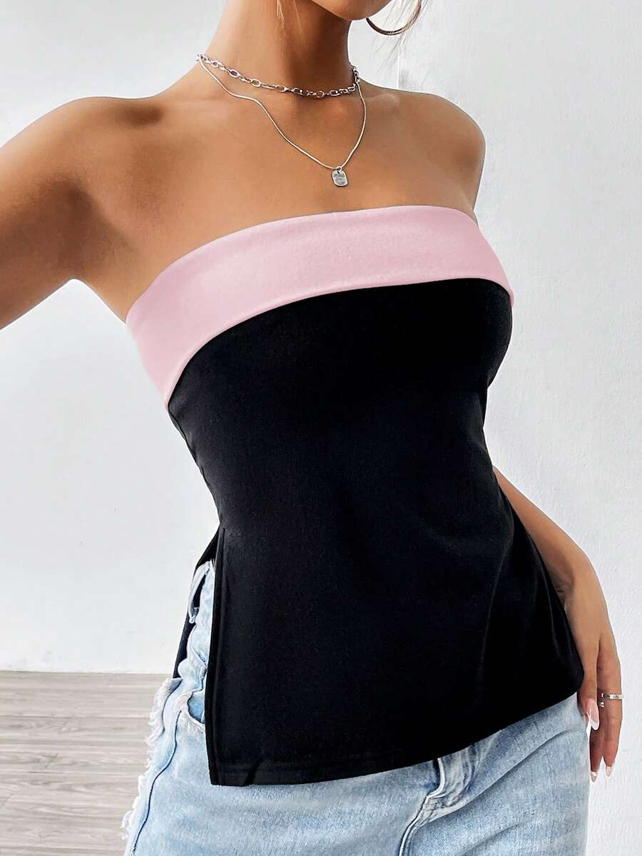 SHEIN EZwear Áo quây nữ kiểu Y2K phối màu tương phản, đen và hồng, mùa hè. - Nhiều màu - Xem 1