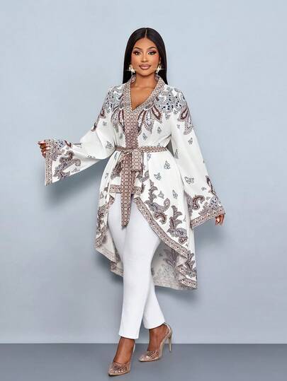 SOLERSUN Plus-Size Women's Clothing Suitable For All Seasons, Elegant And Casual, Perfect For Daily Commutes. White Print, Non-Stretch Woven Fabric, V-Neck, Long Sleeves, Asymmetrical Cuffs, Waist Tie, Adjustable And Detachable Belt, A-Line Hem (Shorter In The Front, Longer In The Back), Long Shirt.