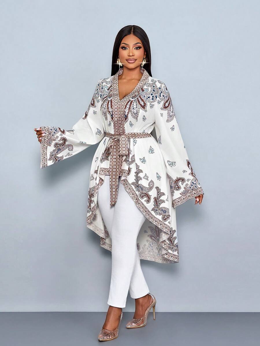 SOLERSUN Plus-Size Women's Clothing Suitable For All Seasons, Elegant And Casual, Perfect For Daily Commutes. White Print, Non-Stretch Woven Fabric, V-Neck, Long Sleeves, Asymmetrical Cuffs, Waist Tie, Adjustable And Detachable Belt, A-Line Hem (Shorter In The Front, Longer In The Back), Long Shirt.