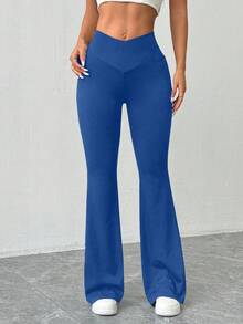 Almamuse 女士休闲日常通勤简约纯色重叠腰带罗纹面料喇叭裤 - 藍色 - 查看 4