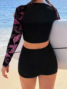 SHEIN 少女插肩袖热带植物印花上衣和短裤泳衣套装 - 玫紅色 - 查看 2