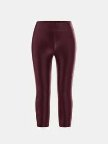 SHEIN Quần legging da PU co giãn, thích hợp mặc hàng ngày, dành cho các bé gái, quần legging da cho bé gái, quần da cho bé gái, quần legging da. - Màu Đỏ Sâu - Xem 3